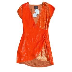 Retrofête Olya Orange Two-Tone Sequin Wrap Mini Dress Size S NWT